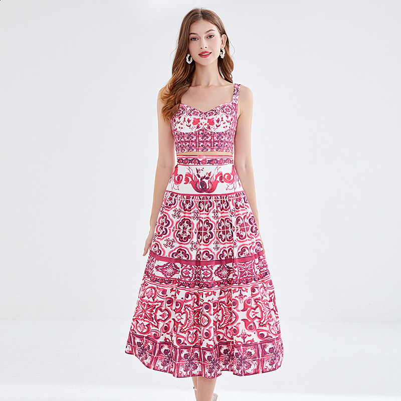 Summer Print Splice Color Block 3D Strapless Top with Bra Pad Mini Skirt Two-Piece Set Floral Patterned Half-length Skirts 250402