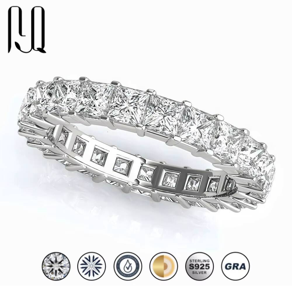 3mm Princess Cut Full Eternity Moissanite Band 925 Sterling Silver Office Chic Light Luxury Engagement Ring European Style Ring
