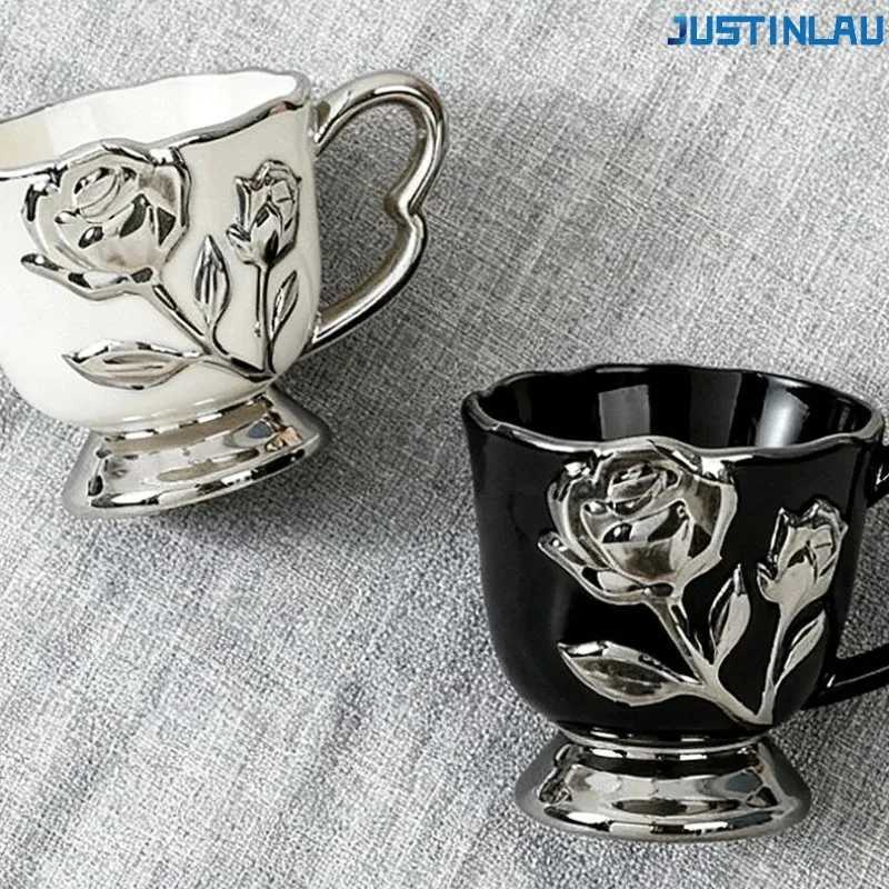 JUSTINLAU 450ml Rose Relief Coffee Mug Ceramic Light Luxury Style Retro Rose Carved Cup Desktop Cup A Must-have Gift for Couples H260323
