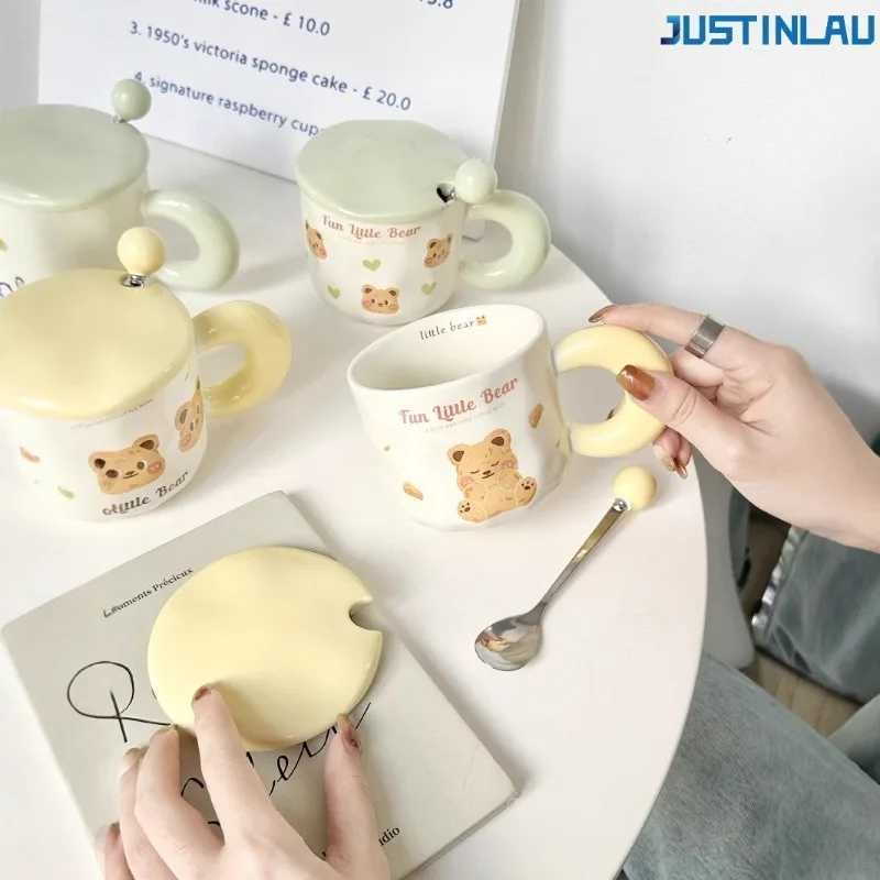 JUSTINLAU Cartoon Butter Teddy Bear Cup Couple Ceramic Cup Suitable for Girls High-value Mug with Lid Spoon Office Water Cup D260323