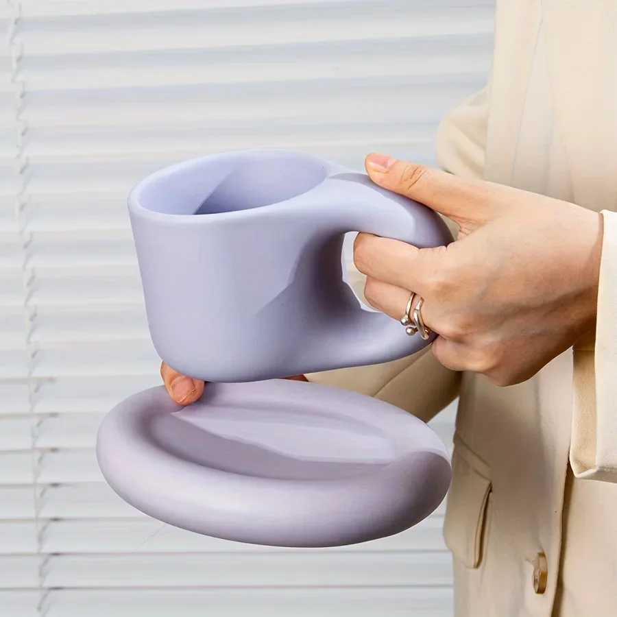1set 400ml Ceramic Coffee Chubby Mug Saucer Set Creative Cute Fat Handle Cup With Saucer For Office And Home Room Decor H260323