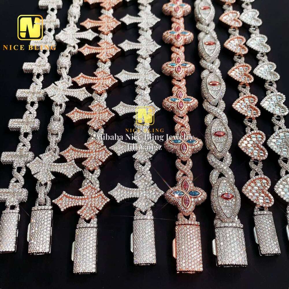 Ready Stocks New Styles Cross Heart Flower Clover Fancy Moissanite Bracelet Iced Out Cuban Link Chain Bracelet