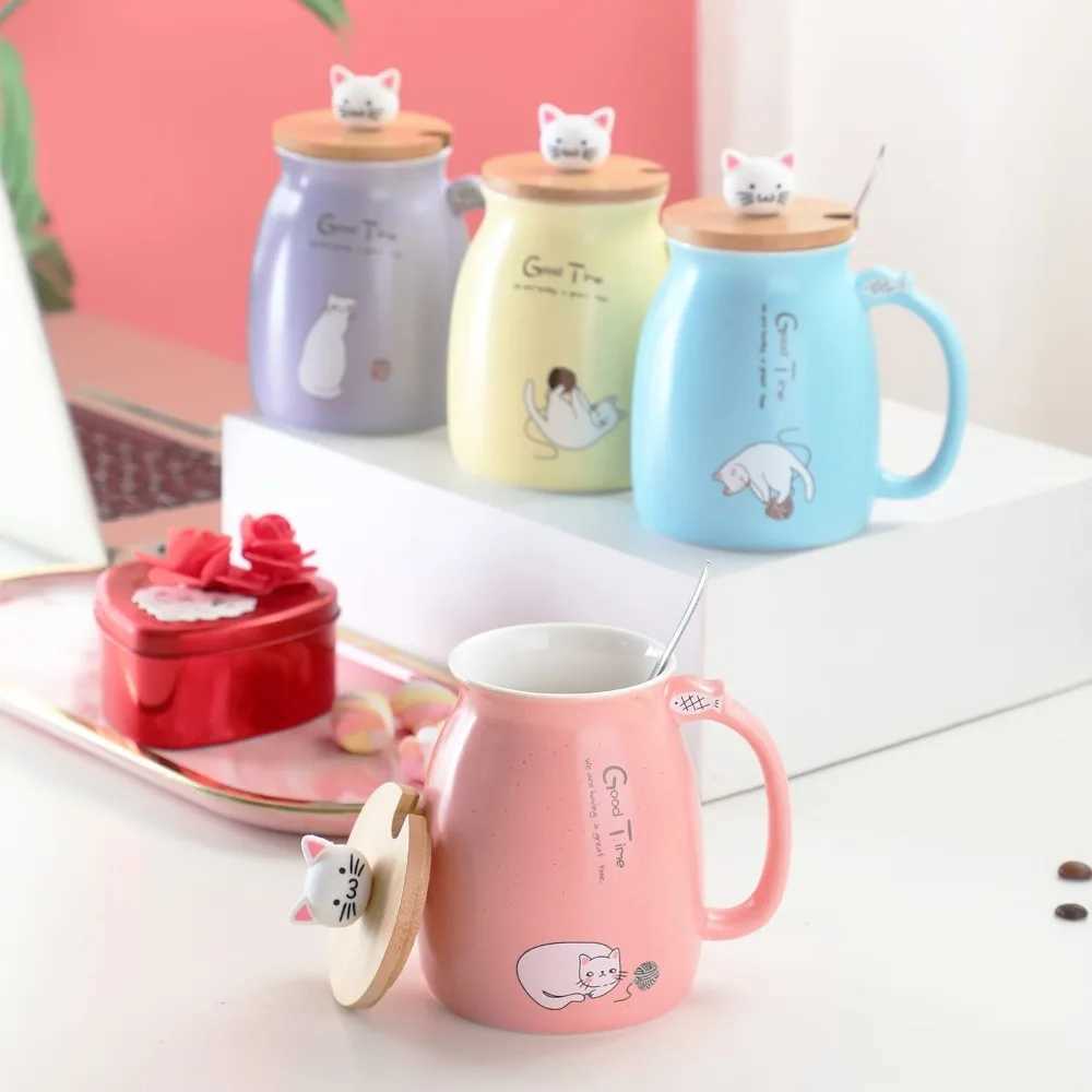 Cute Japanese Style Cartoon Cat Mug Ceramic 450ml Tea Cup with Spoon with Wooden Lid Coffee Mug Kids D260323