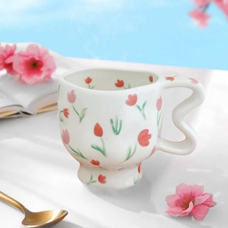 Creative Ceramic Coffee Cup Hand Pinched Irregular Mug with Handle Floral Pattern Breakfast Milk Cereal Cup Couple Birthday Gift H260323