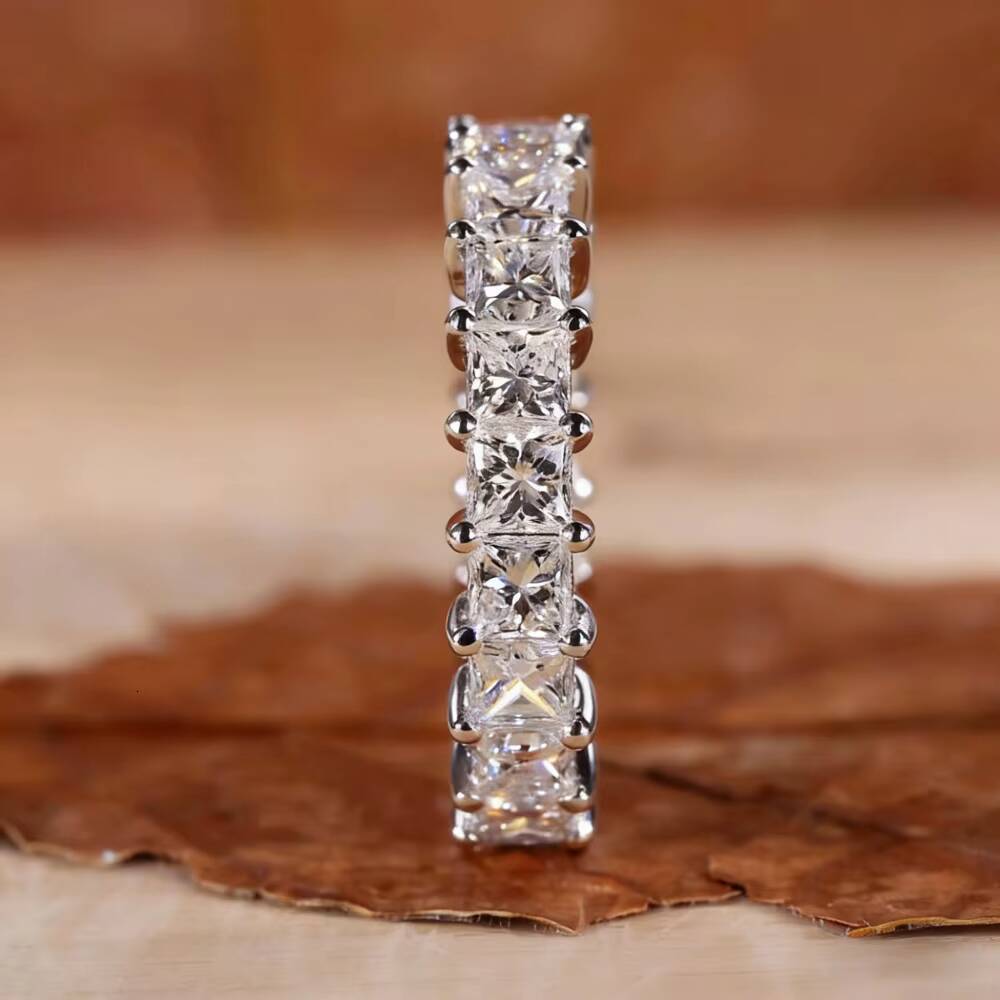 3mm Princess Cut Full Eternity Moissanite Band 925 Sterling Silver Office Chic Light Luxury Engagement Ring European Style Ring