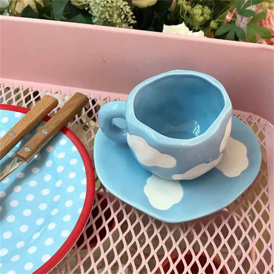 Creative small fresh underglaze color hand-painted white cloud coffee cup and saucer hand-squeezed irregular H260323
