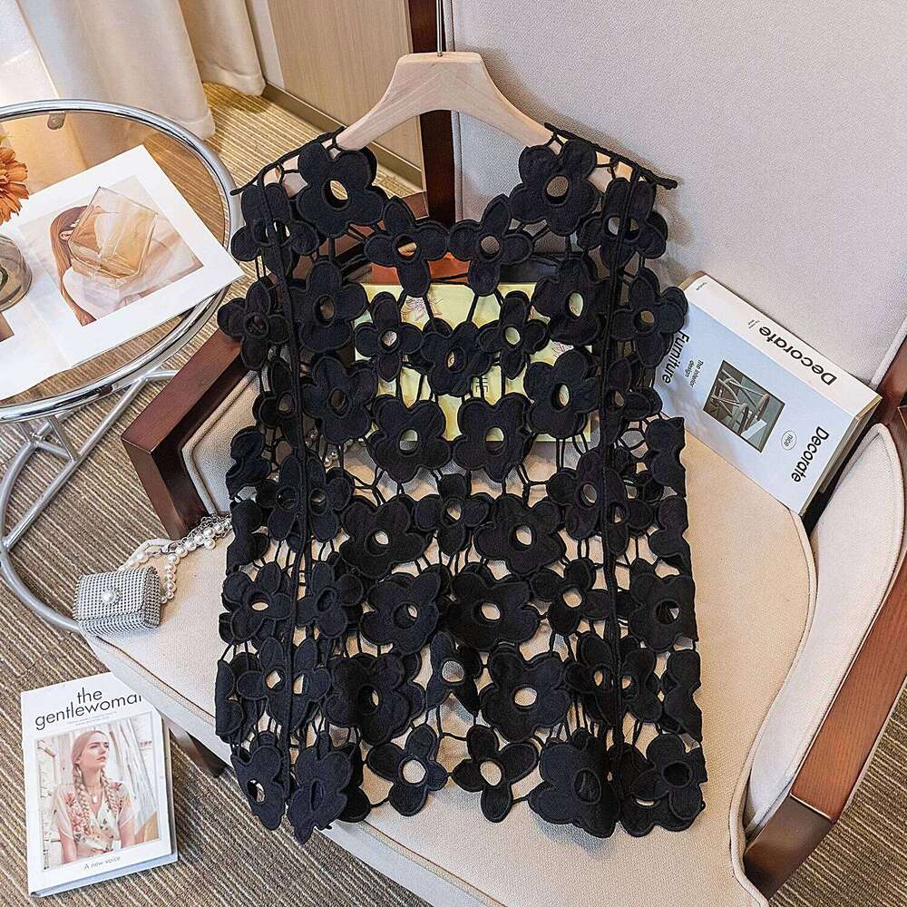 Spring Women Pullovers Blouse New Korean Fashion Hollow Out Flower Crochet Shirt Round Neck Sleeveless Tank Top