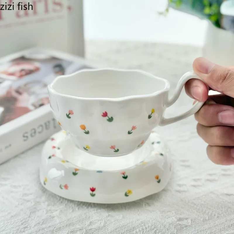 Irregular Ceramic Coffee Cups and Plates Flower Patterned Water Cup Afternoon Tea Mug Breakfast Cup Milk Mug Milk Tea Cups H260323