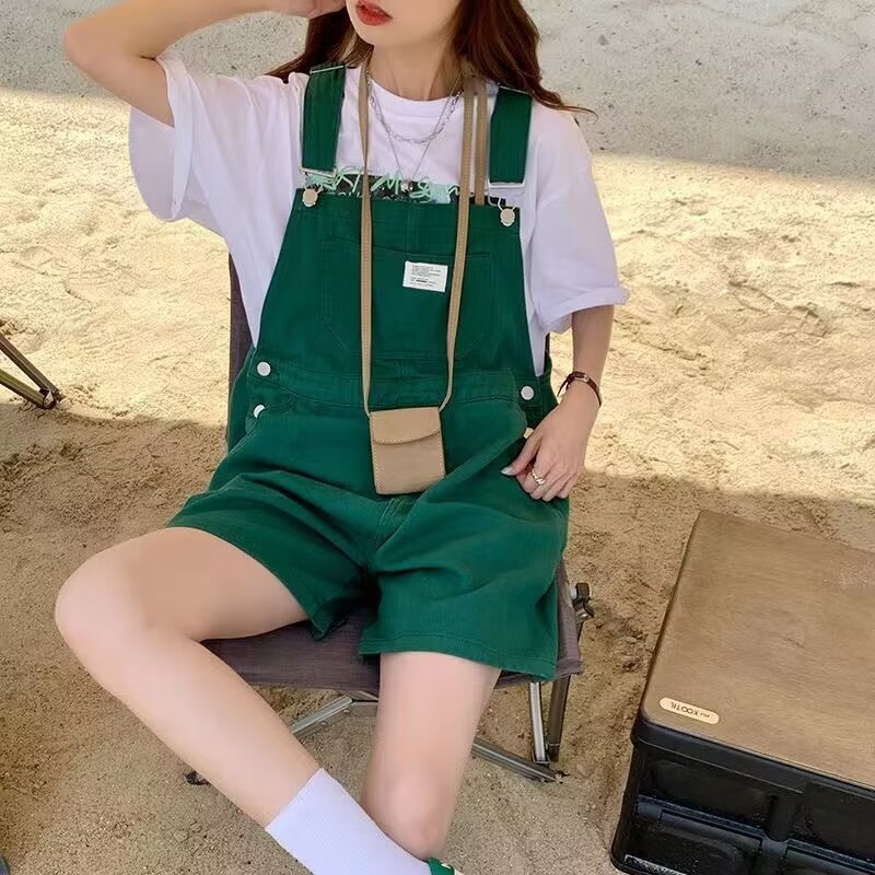 Green Youthful Denim Overalls For Women Summer New Style Plus Size Designer Pants Loose Straight Shorts For Plus-size Ladies