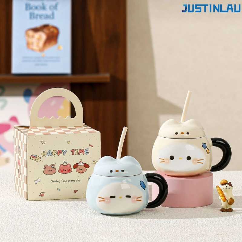 Set of Sesame-shaped Ceramic Cup Cat Grass Straw Cup with Lid and Straw Coffee Cup Breakfast Milk Cup Instagram-style Coffee Cup D260323