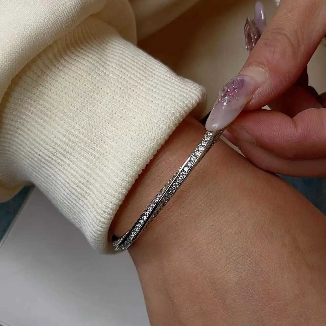 Yupsk Classic Stainless Steel Zircon Inlaid Open Bangle for Women Twist Niche Design Luxury Jewelry Gift H260323 - view 4