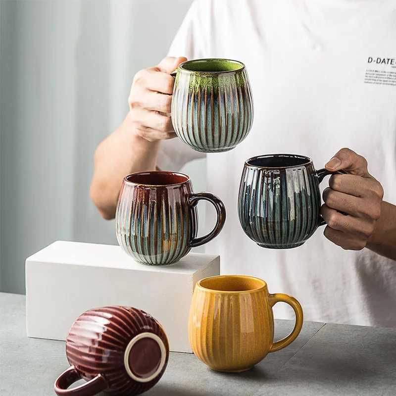 Glaze Kiln-Creative Vertical Pattern Water Mug with Handle Coffee Cup Large Capacity Ceramic Retro Japanese Style Milk Mug H260323