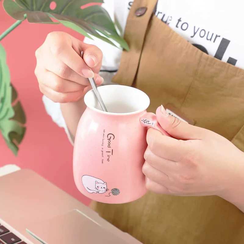 Creative color cat heat-resistant Mug cartoon with lid 380ml cup kitten coffee ceramic mugs children cup office Drinkware gift D260323