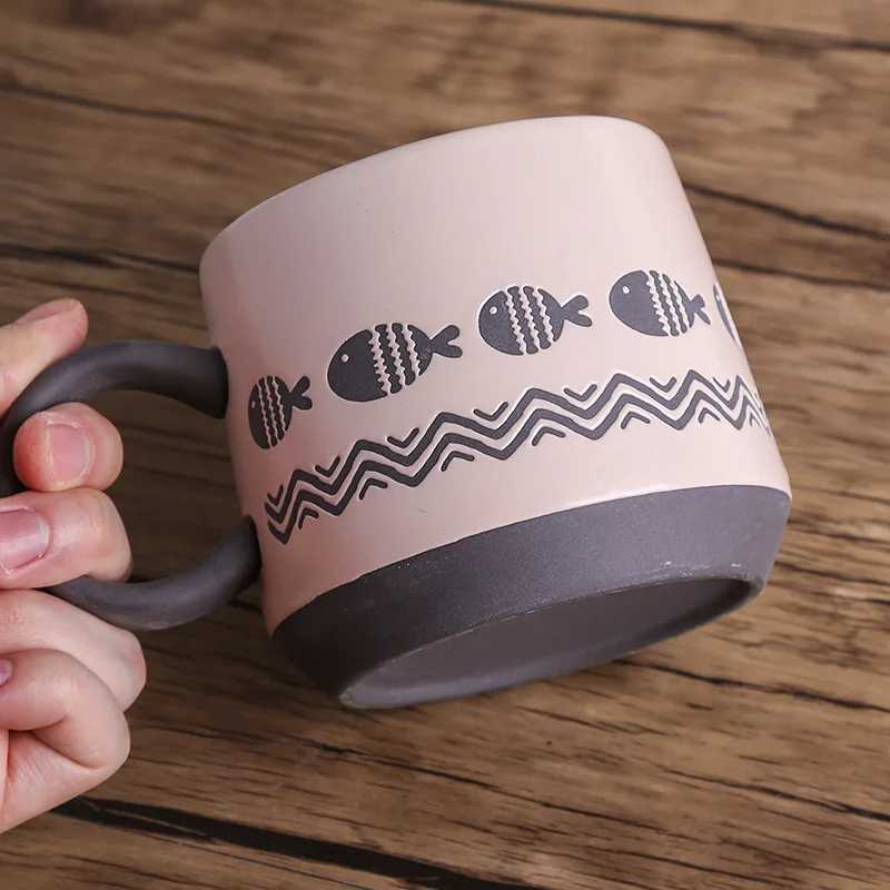 Underglaze Hand Painted Ceramic Mug Set Coarse Pottery Cute Pattern Large Coffee Cup for Couples Matching Pair Gift H260323