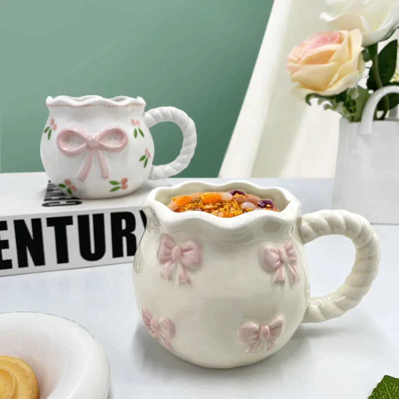 Bow Ceramic Coffee Cup Cute Handmade Ins Style Mug Drinking Water Afternoon Tea Gift Decoration Summer Dopamine Girlfriend Gift H260323