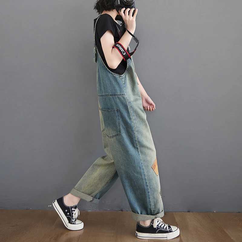 Vintage Contrasting Denim Overalls Spring Summer Women Patch Casual Loose Wide Leg Jumpsuit Female Jean Romper M260323