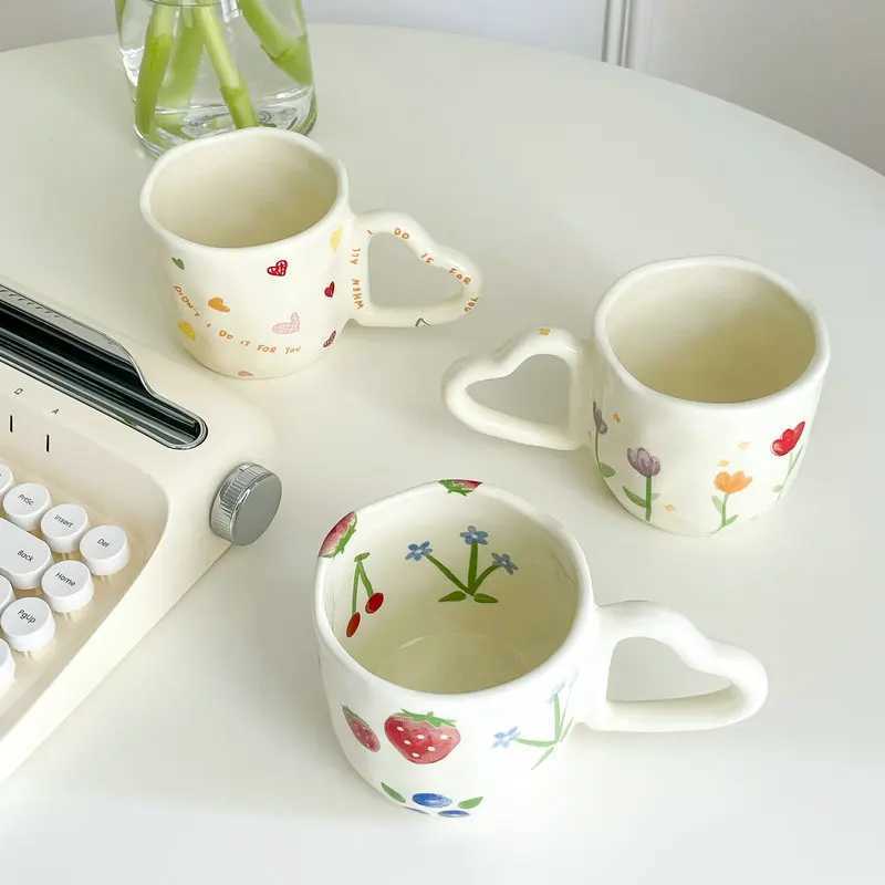 1pcs Cute hand-held heart-shaped handle milky white ceramic small fresh mug water cup coffee cup H260323
