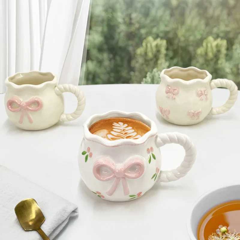 Bow Ceramic Coffee Cup Cute Handmade Ins Style Mug Drinking Water Afternoon Tea Gift Decoration Summer Dopamine Girlfriend Gift H260323