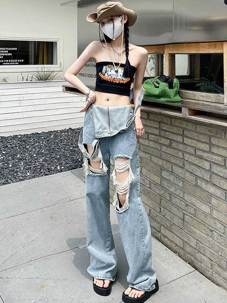 American style high street hot ripped hole high waisted denim overalls women summer loose slimming straight leg pants M260323
