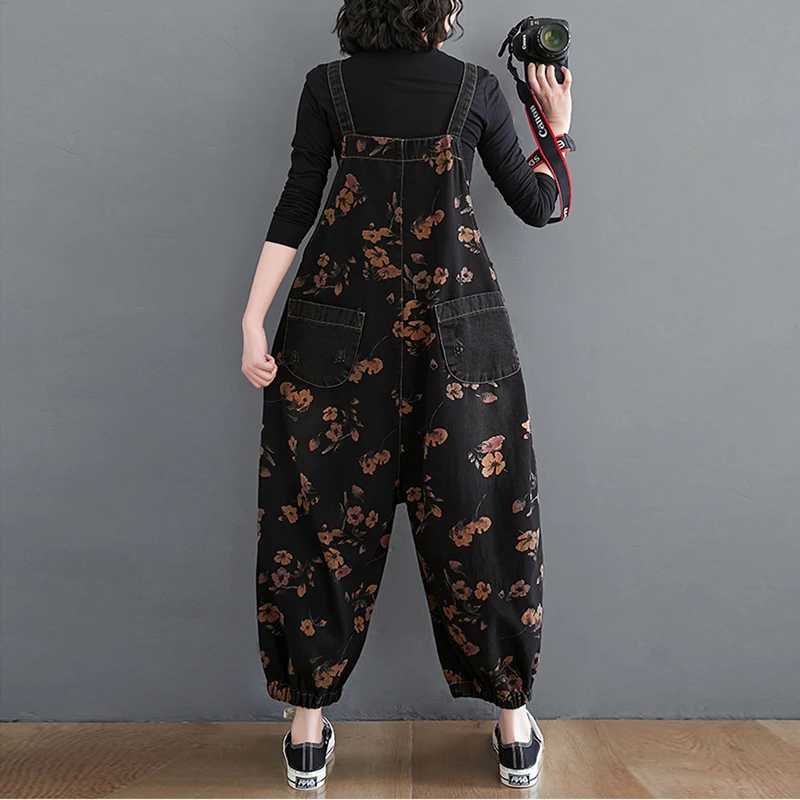 Loose Jeans Black Jumpsuit Women Casual Oversized Baggy Cargo Pants Big Pockets Print Floral Denim Overalls Straps Jean Rompers M260323