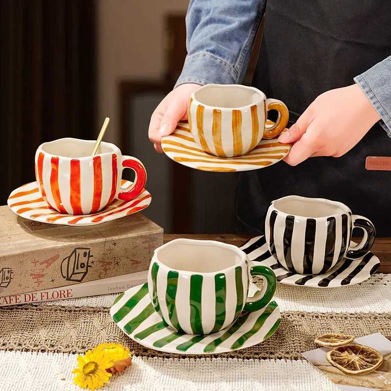 Nordic Retro Hand Painted Ceramic Mug Saucer Set Irregular Coffee Cup with Tray 360ml Unique Gift for Birthday Party Home H260323