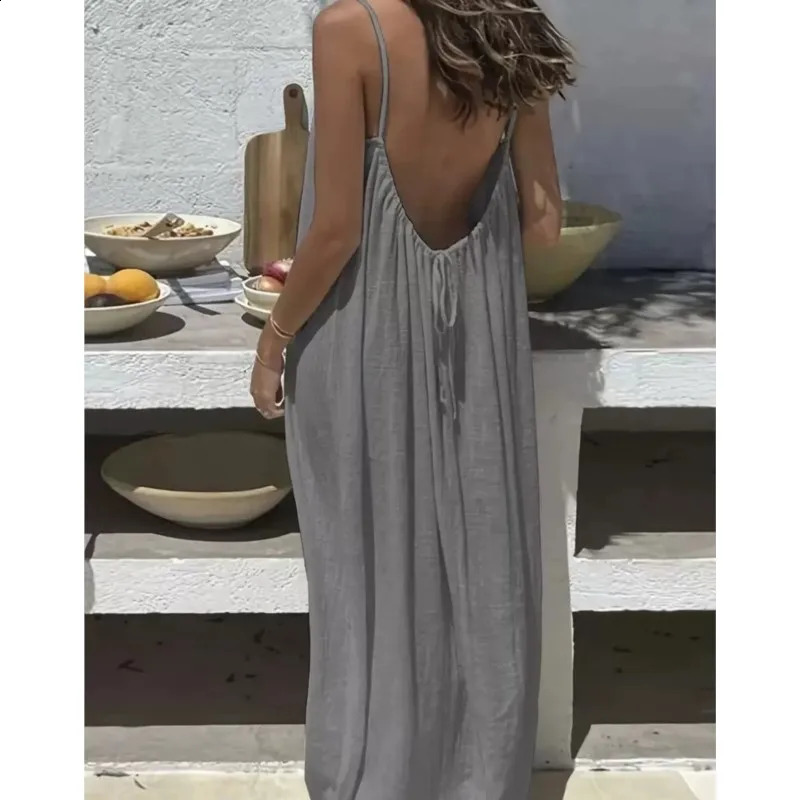 Casual Solid Loose Dress For Women Sexy Sleeveless Spaghetti Strap Backless Lace-up Robe Femme Holiday Beach Party Clothes 260317