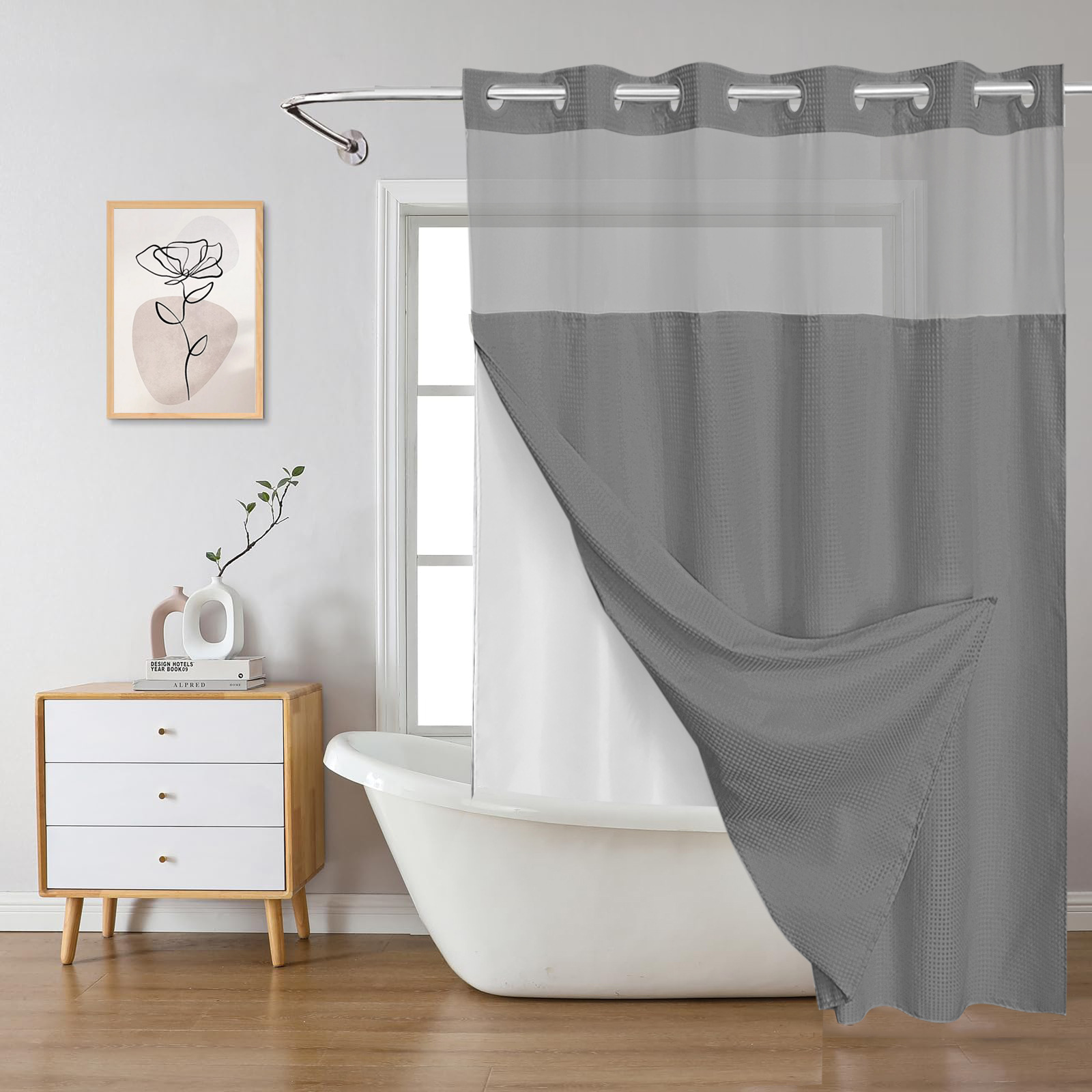 YL-38381 Waffle Double-Layer Large Buckle Bathroom Polyester Shower Curtain with Partition and Waterproof Lining