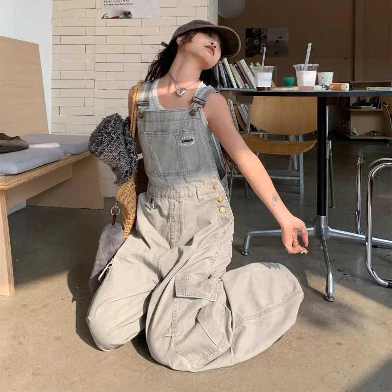 American Retro Design Gray Workwear Large Pocket Womens Jumpsuits 2026 Spring New Loose Sweet Cool Wide Leg Trousers Ladies M260323