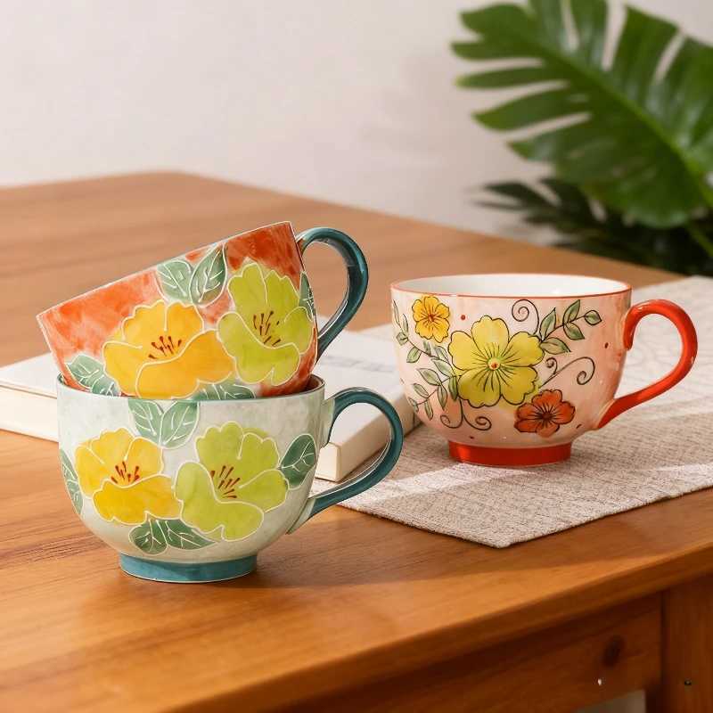 Embossed pure hand-painted ceramic cup beautiful large capacity breakfast cup high value flower tea cup milk oatmeal cup D260323