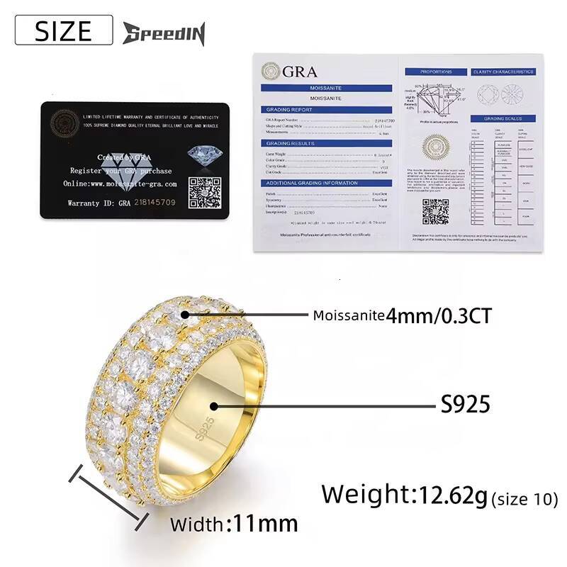 Hip Hop Iced Out 925 Silver Pass Diamond Tester 5 Rows VVS Moissanite GRA Rapper Dazzling Sparkly Eternity Band Ring for Men