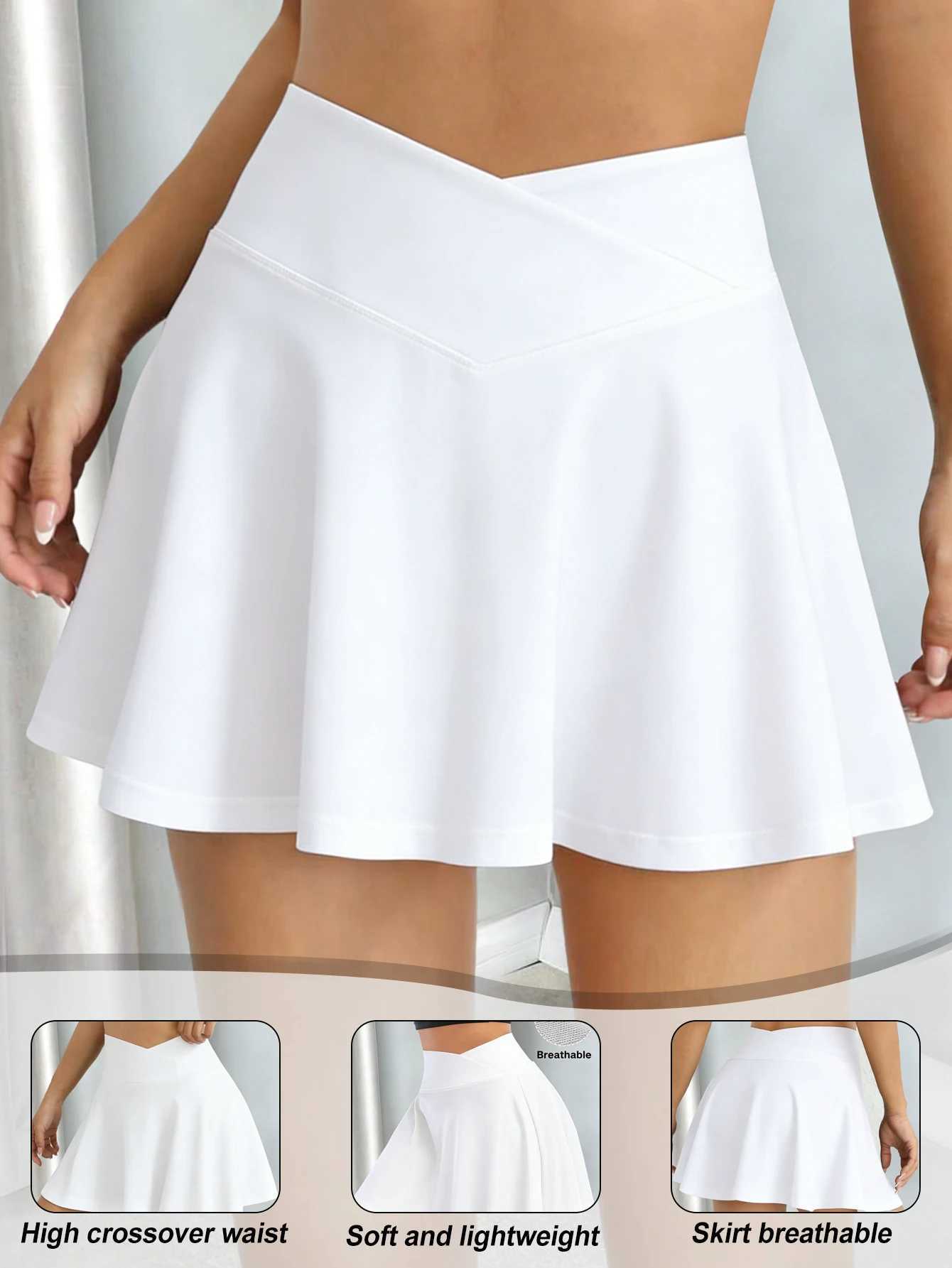 Women White High Waist Tennis Skirt Cross V Waist Breathable Athletic Skort With Shorts For Golf Running Fitness Daily Outfits D260323