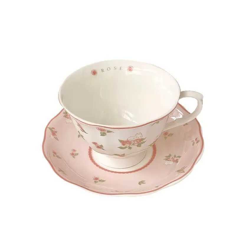 Cute coffee cups and saucers set high-value afternoon tea ins style girl pink ceramic mug hand-painted ins style D260323