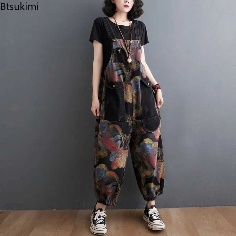 New 2026 Womens Fashion Loose Print Denim Jumpsuit with Big Pockets Vintage Casual Overalls Ladies Jeans Straps Pants Oversized M260323