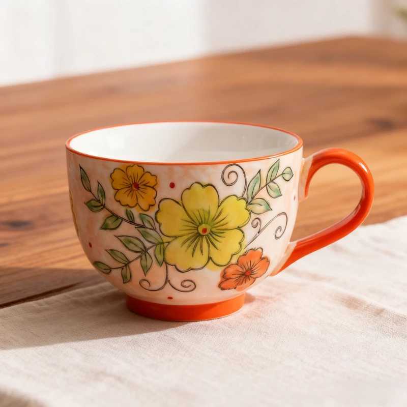 Embossed pure hand-painted ceramic cup beautiful large capacity breakfast cup high value flower tea cup milk oatmeal cup D260323