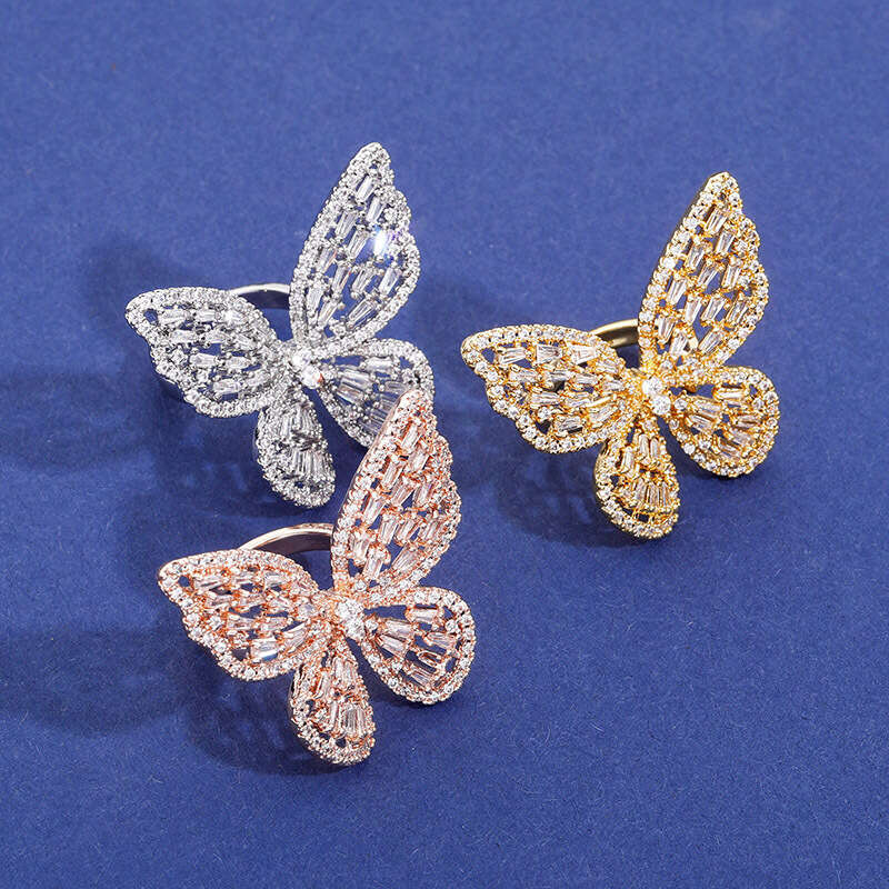 Jewelry Adjustable Butterfly Full Moissanite Hip Hop Women's Hollow Ring Bling