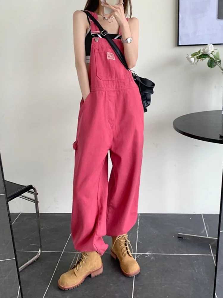 Pink Denim Overalls For Women Loose Slimming High Waist Straight Wide Leg Pants Student Style Jumpsuits M260323