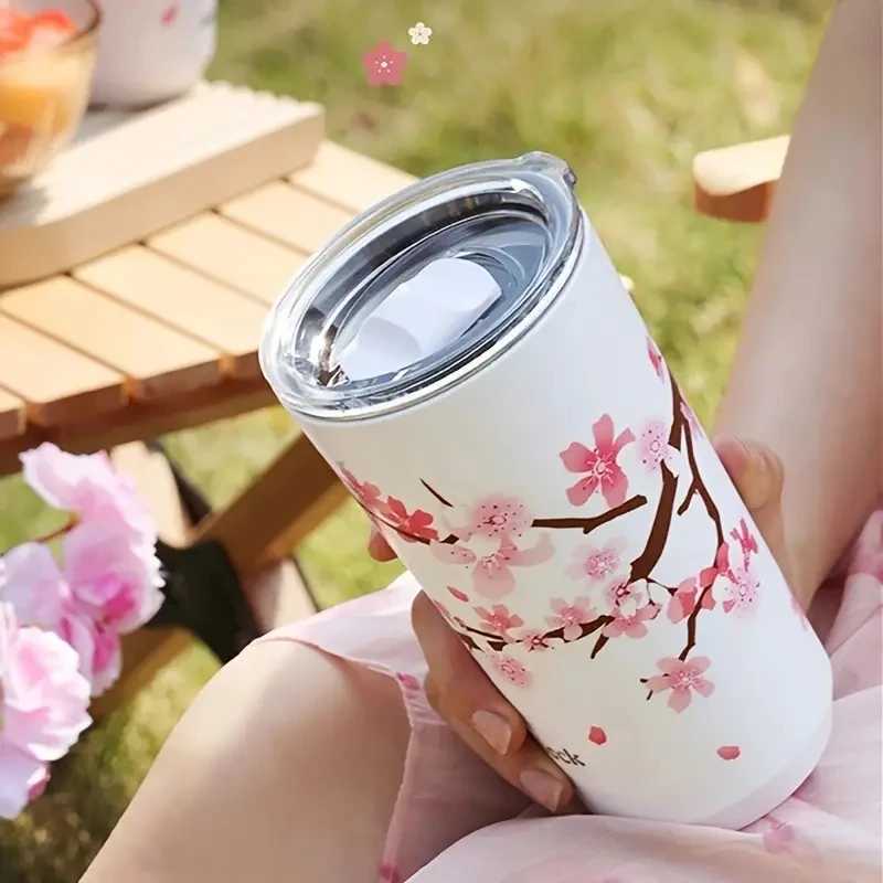 1pc 304 Stainless Steel Ins Hands-on Cup Straw High-value Girls Milk Tea Coffee Cup Anti-fall Water Bottle Water Cup Cherry Blos D260323