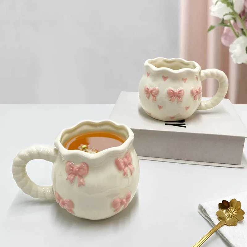 Bow Ceramic Coffee Cup Cute Handmade Ins Style Mug Drinking Water Afternoon Tea Gift Decoration Summer Dopamine Girlfriend Gift H260323