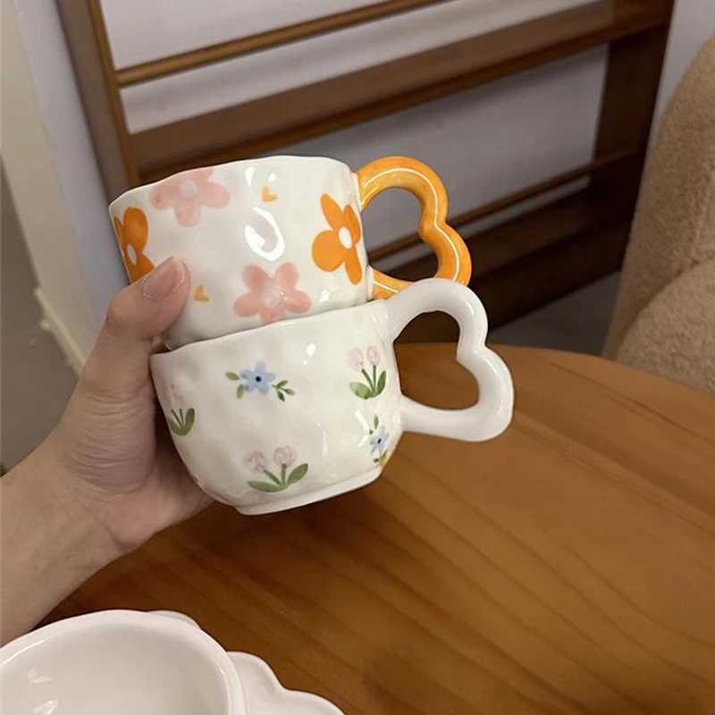 Hand drawn handmade ceramic cups and plates underglaze color irregular coffee cups H260323