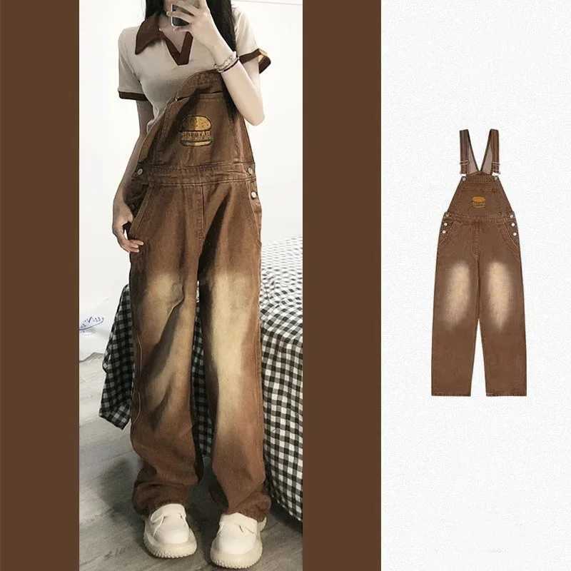 American Vintage Brown Denim Suspender Pants Women Hamburg Embroidery Loose Straight Overalls Fashion Trend Jumpsuit M260323