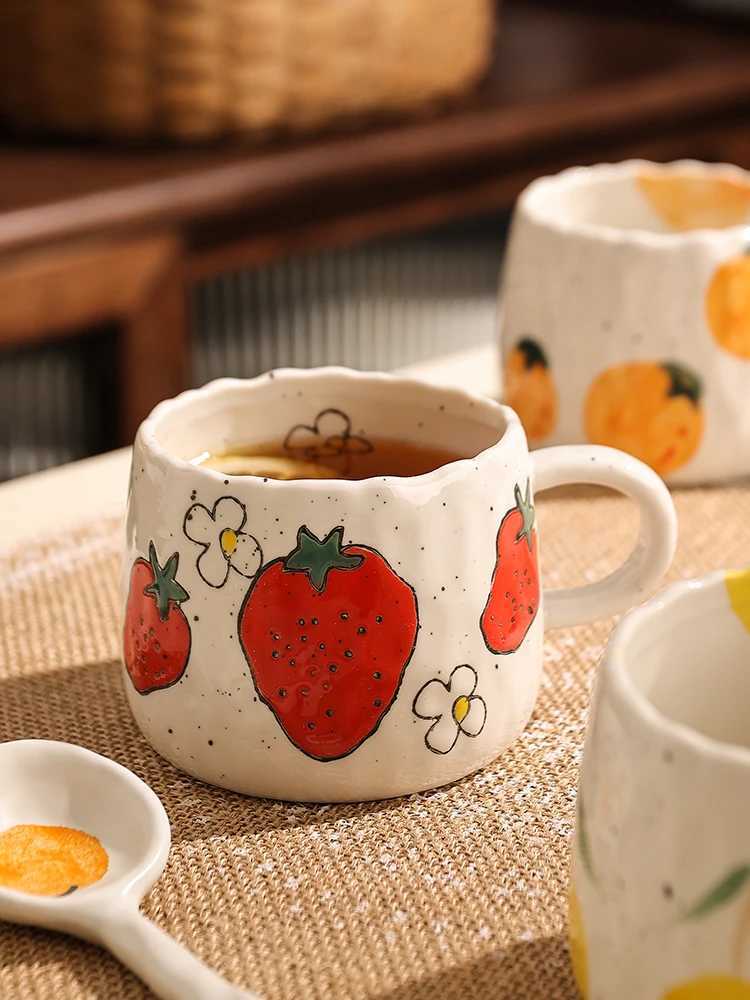 3pcs Small Ceramic Cup With Hand Drawn Strawberry Orange lemon Unique Handmade Cute Floral Mug Ideal For Restaurants H260323