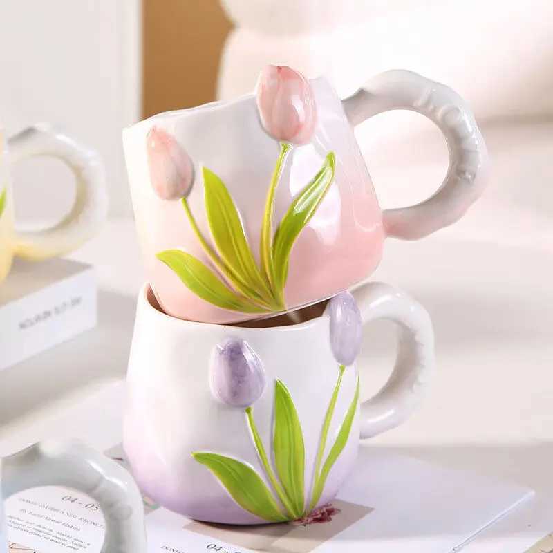 Tulip Ceramic Mug with Lid Spoon 400ml Coffee Tea Cup Valentines Day/Teachers Day Gifts for Couples Women Home Office Use H260323