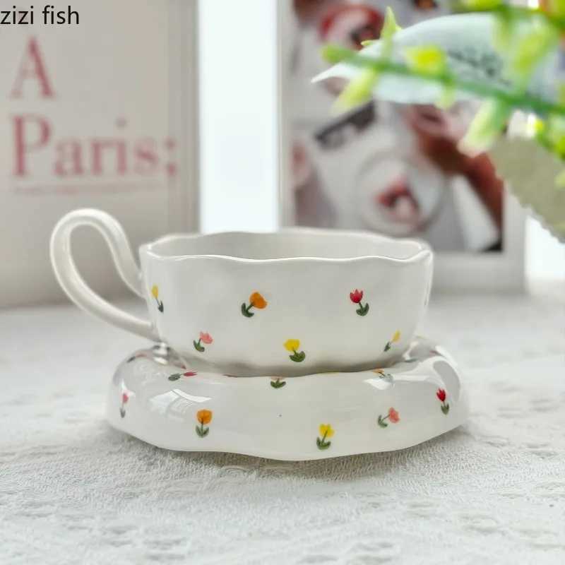 Irregular Ceramic Coffee Cups and Plates Flower Patterned Water Cup Afternoon Tea Mug Breakfast Cup Milk Mug Milk Tea Cups H260323