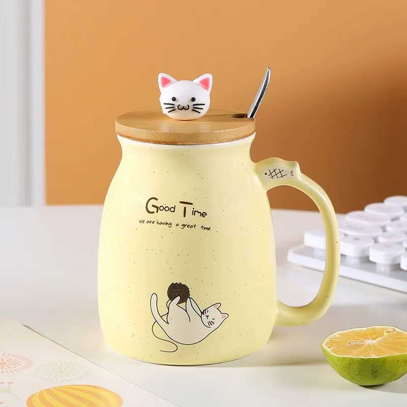 Creative color cat heat-resistant Mug cartoon with lid 380ml cup kitten coffee ceramic mugs children cup office Drinkware gift D260323