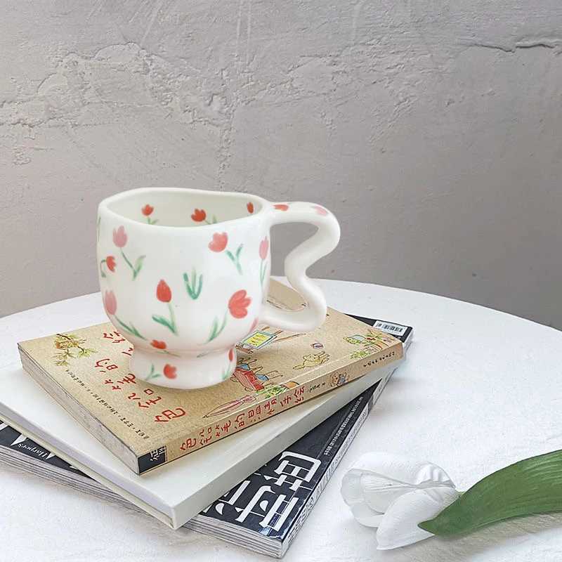 Creative Ceramic Coffee Cup Hand Pinched Irregular Mug with Handle Floral Pattern Breakfast Milk Cereal Cup Couple Birthday Gift H260323