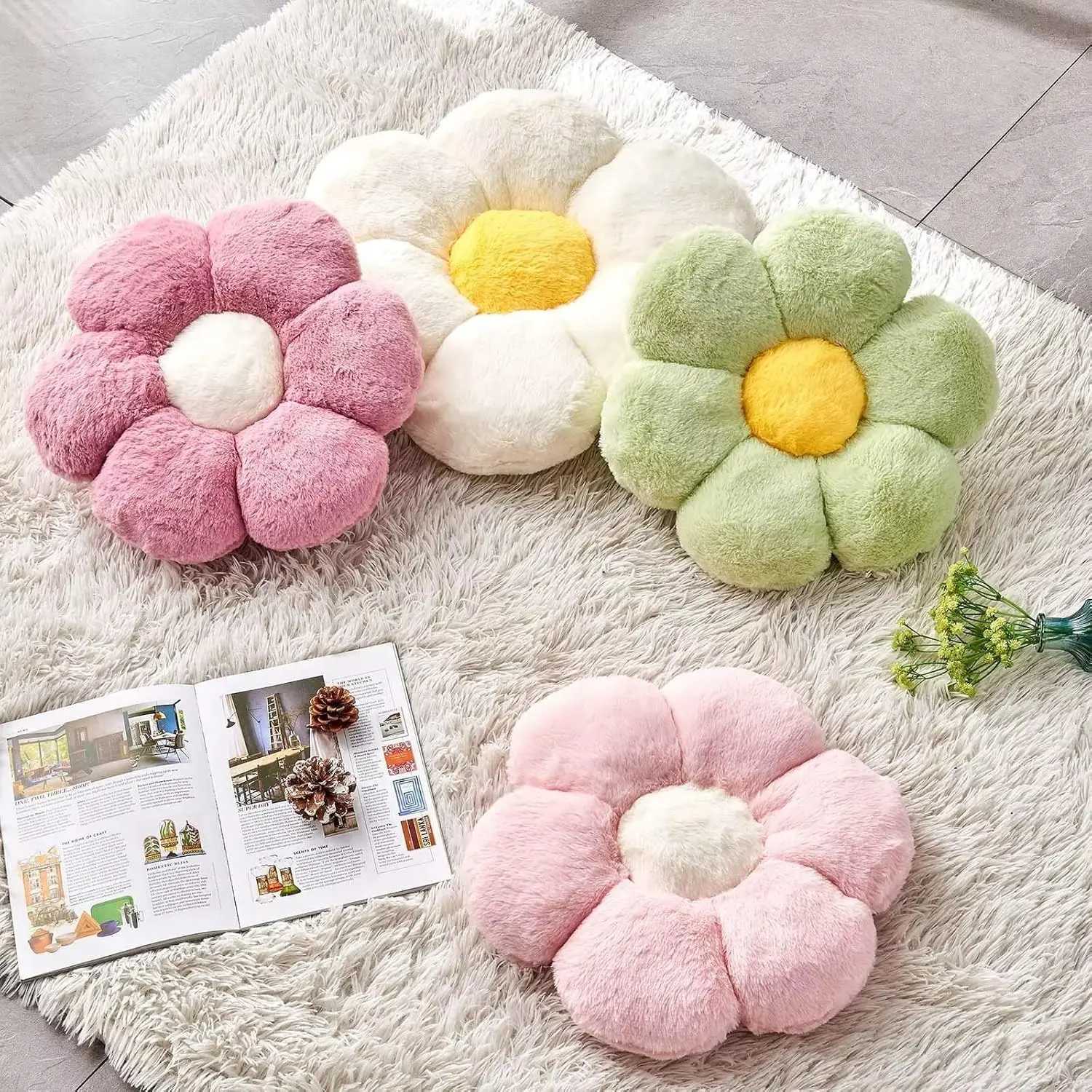 White Flower Plush Throw Pillow Cute Decorative with Faux Rabbit Fur 149 Soft for Bedroom Living Room H260323