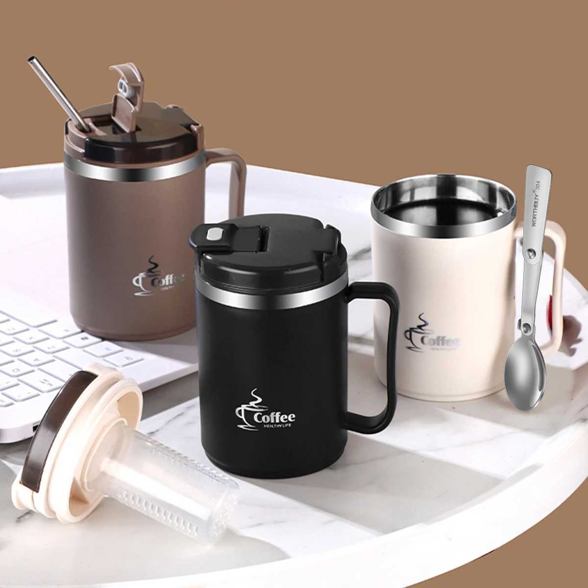 Double-layer Insulated Coffee Mug With StrainerSpoon Large Capacity Portable 304 Stainless Steel Drinking Cup Milk Coffee Cup N D260323
