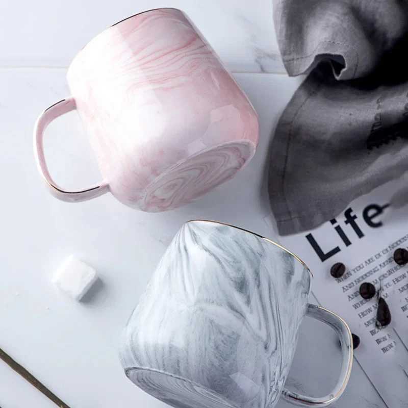 Pink/Grey Ceramic Mug Nordic Ins Style Marbled Gold Rim Coffee Cup Oatmeal Breakfast Cup Valentines Day Dift Couple water cups D260323