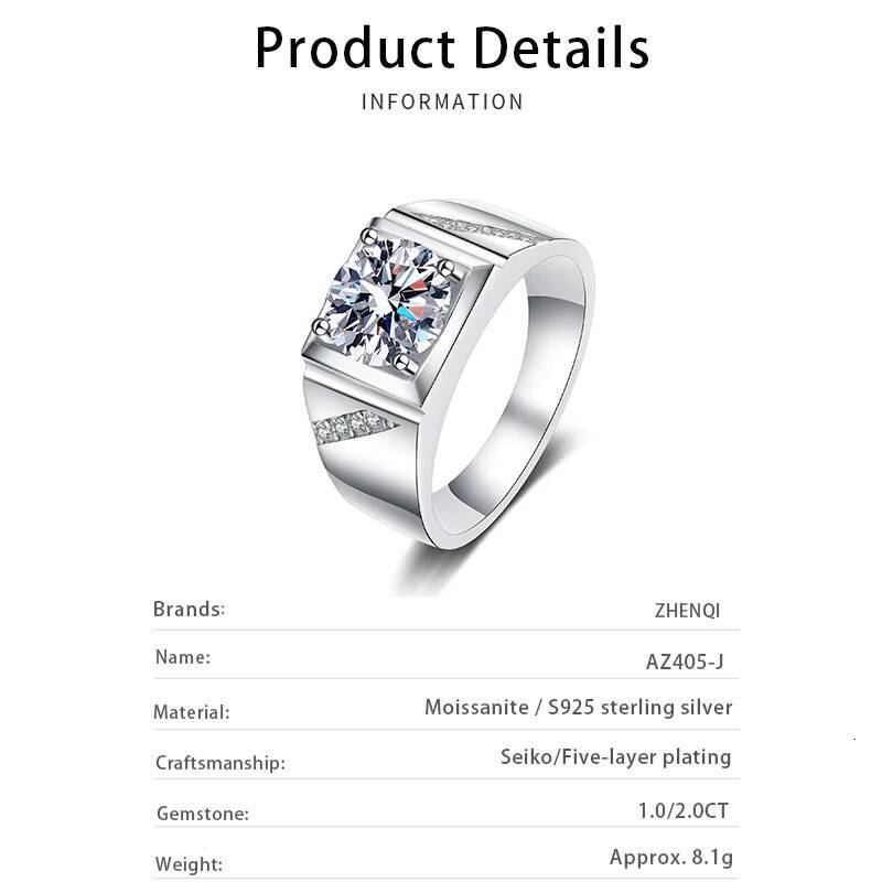 Fine Rhodium Plated Jewelry 925 Sterling Silver Wedding Ring 2CT Round Cut VVS Moissanite Engagement Ring for Men