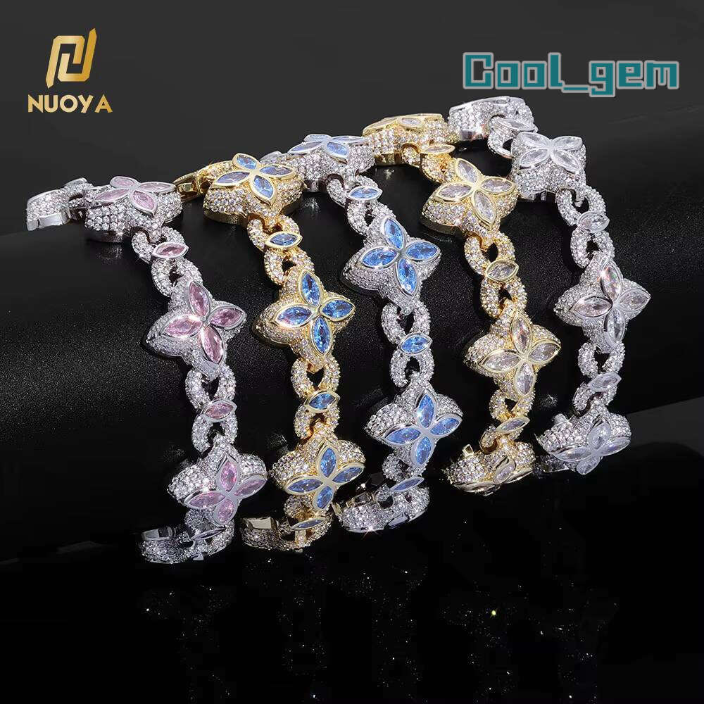 NUOYA Fine Jewelry Silver Plated Link Colorful Eye Moissanite Iced Out Diamond Four Leaf Clover Cuban Chain Bracelet Bracelet